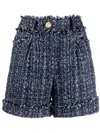 Balmain Cotton Blend Tweed Denim Mini Shorts In 蓝色