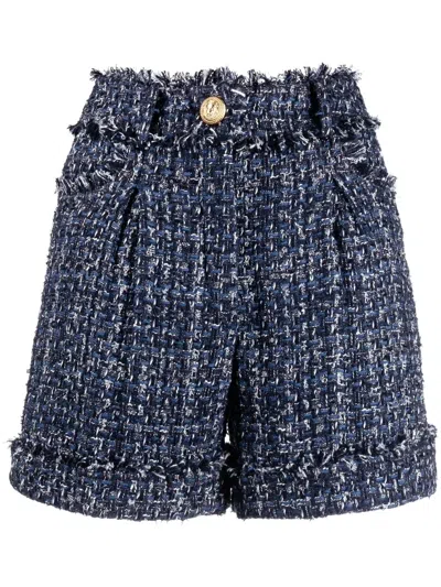 Balmain Cotton Blend Tweed Denim Mini Shorts In Multi Blue