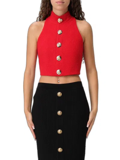Balmain High-neck Button-detail Top In Red