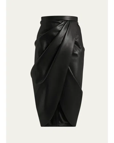 Balmain High-waist Draped Lambskin Midi Skirt In Black