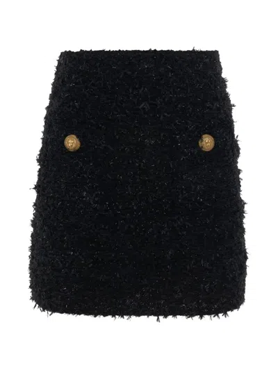 Balmain High Waisted 2 Pockets Tweed Short Skirt In Black
