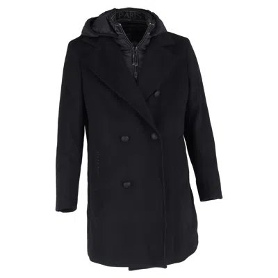 Balmain Hooded Double-breasted Coat In Black Wool