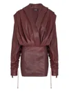 Balmain Hooded Draped Leather Mini Dress In Red