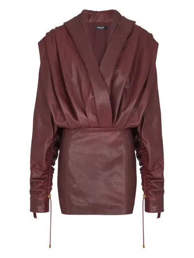 Balmain Hooded Draped Leather Mini Dress In Red