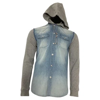 Pre-owned Balmain Hooded Jacket In Blue Denim And Grey Cotton In Gray