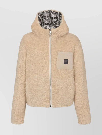 Balmain Hooded Jacket With Straight Hem And High Collar In Beige