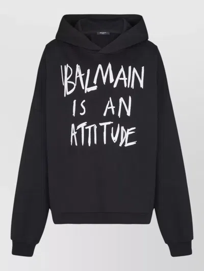 Balmain Hooded Sweatshirt Long Sleeves Ribbed Cuffs Hem In Black