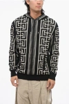 Balmain Hooded Wool Blend Sweater With All-over Monogram In Black