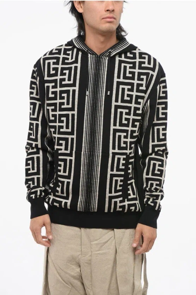 Balmain Hooded Wool Blend Sweater With All-over Monogram In Black