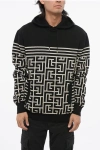 Balmain Black Hoodie With Monogram And Stripes In Wool And Linen Man In Black