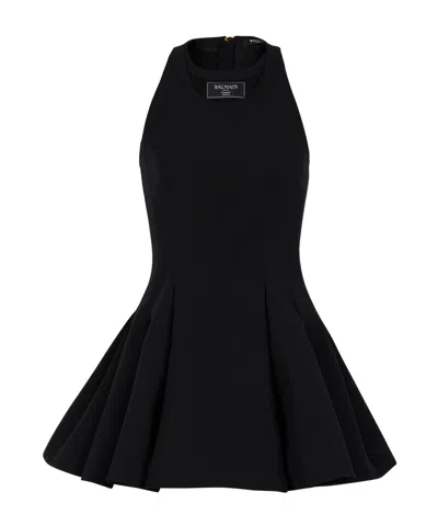 Balmain Flared Pleated Grain De Poudre Dress In Black