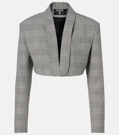 Balmain Houndstooth Cropped Wool-blend Blazer In Gray