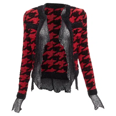Balmain Houndstooth Destroyed Pointelle Knit Mesh Jacket In Black
