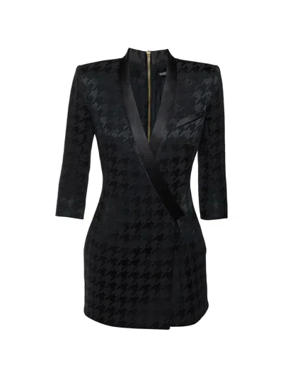 Pre-owned Balmain Houndstooth Faux Wrap Mini Dress In Black