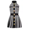 Balmain Houndstooth Lion Button Halter Mini Dress In Black
