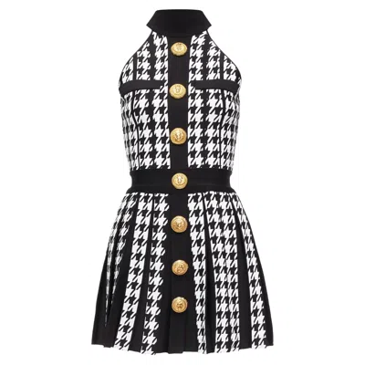 Balmain Houndstooth Lion Button Halter Mini Dress In Black