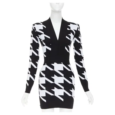 Pre-owned Balmain Houndstooth Mini Black White Bold Print Jacquard Padded Mini Dress Fr36