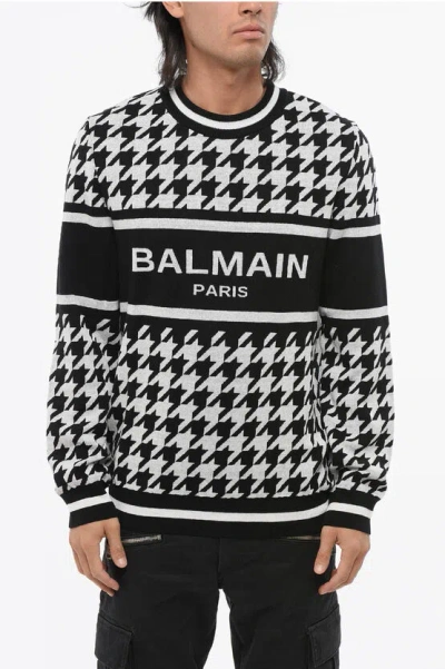 Balmain Houndstooth Motif Linen Blend Crewneck Sweater In Black