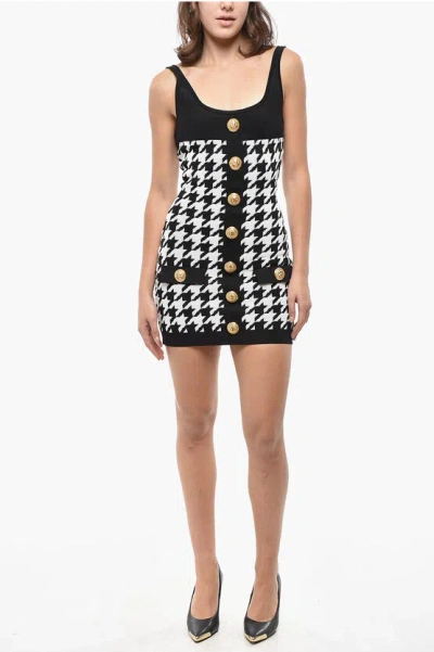 BALMAIN HOUNDSTOOTH MOTIF TWO-TONE DRESS WITH GOLDEN BUTTONS