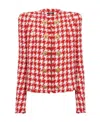 Balmain Button-embelllished Houndstooth Tweed Jacket In Red