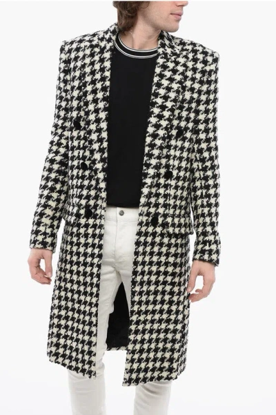 Balmain Houndstooth Patterned Tweed Coat With Velour Buttons In Black