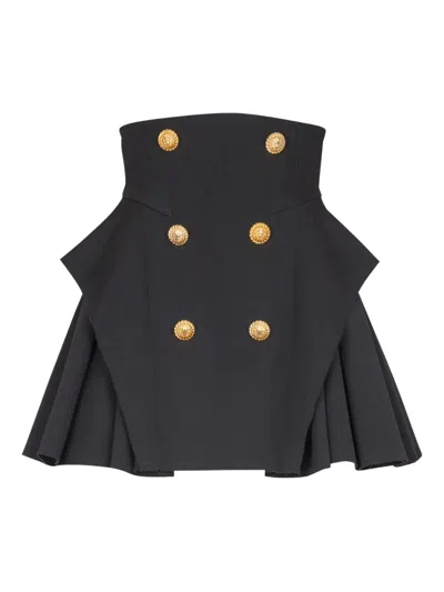 Balmain Button-embellished Pleated Grain De Poudre Wool Mini Skirt In Black