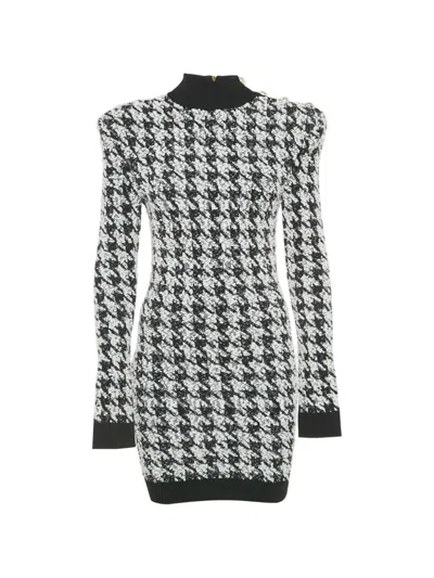 Pre-owned Balmain Houndstooth Tweed Dress In Black