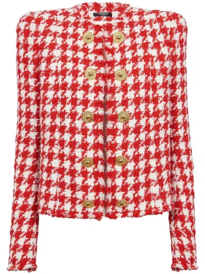 Balmain Houndstooth Tweed Jacket For Women In White And Red For Ss24