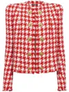 Balmain Button-embelllished Houndstooth Tweed Jacket In Red