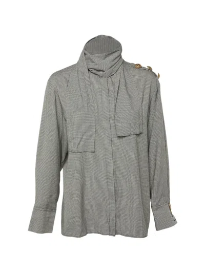Pre-owned Balmain Houndstooth-pattern Tie-neck Shirt In White