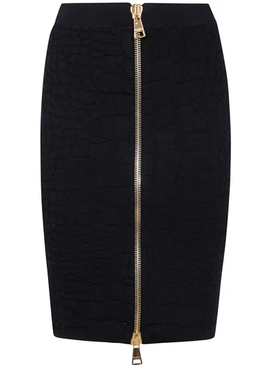 Balmain Hw Zipped Croco Knit Knee Lenght Skirt