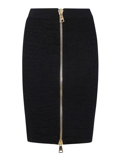 Balmain Hw Zipped Croco Knit Knee Lenght Skirt In Black