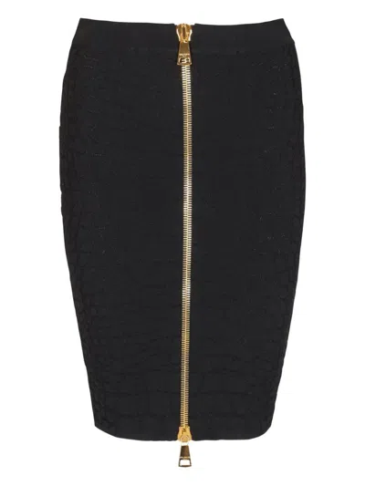 Balmain Hw Zipped Croco Knit Knee Lenght Skirt Clothing In Black