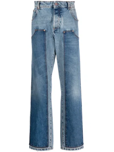 Balmain Light Blue Patchwork Straight Jeans With Logo Patch In Cotton Denim Man