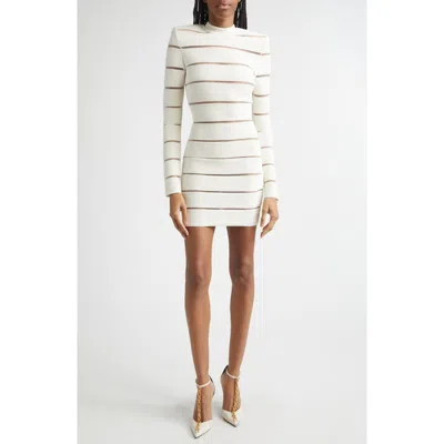 Balmain Illusion Stripe Long Sleeve Rib Glitter Knit Body-con Minidress In White
