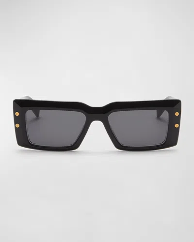 Balmain Imperial Black Acetate & Titanium Rectangle Sunglasses In Black Gold