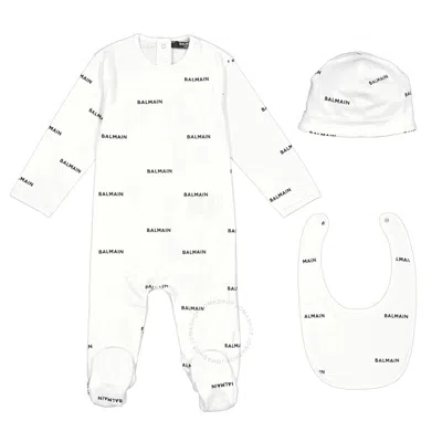Balmain Infant White / Black All Over Logo Print Cotton Babyset In White/black