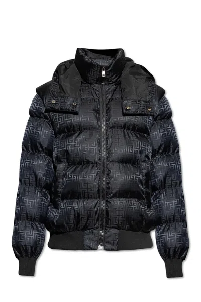 Balmain Short Nylon Jacquard Down Jacket With Black Monogram Men