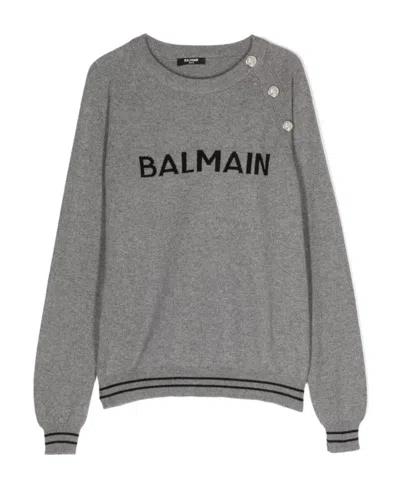 Balmain Intarsia-knit Logo Jumper In Gray