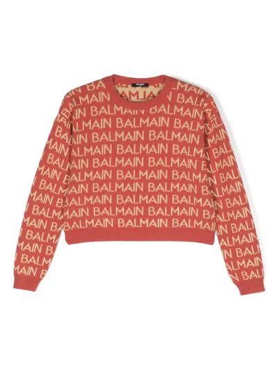 Balmain Kids' Intarsia-knit Logo Jumper In Red