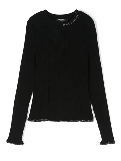 Balmain Kids' Intarsia-knit Logo Sweater In Black