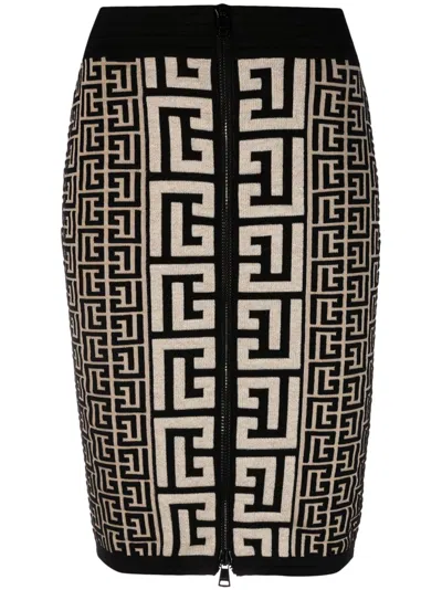 Balmain Intarsia-knit Midi Skirt In Brown
