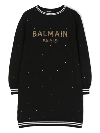 Balmain Kids' Intarsia-logo Knitted Dress In 黑色