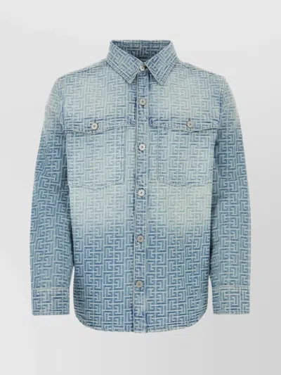 Balmain Intricate Embroidery Denim Shirt In Blue