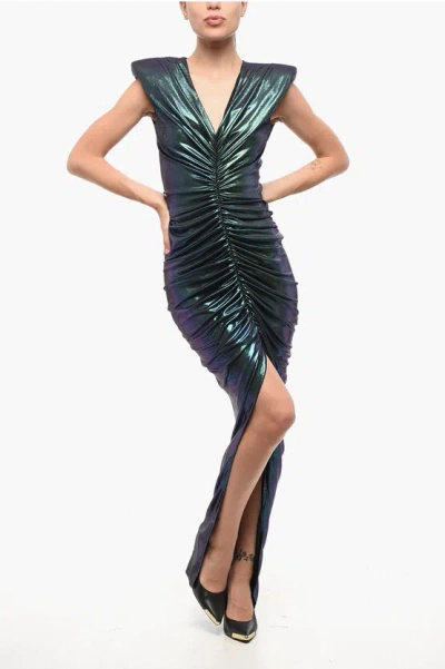 Balmain Iridescent Effect Draped Long Dress With Frontal Slit In Green