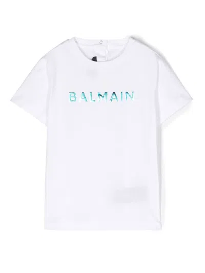 Balmain Babies' Iridescent Logo-print Cotton T-shirt In White