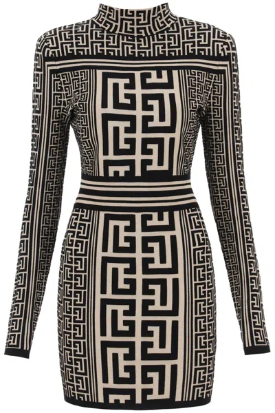 BALMAIN IVORY JACQUARD KNIT MINI-DRESS WITH PADDED SHOULDERS AND RIBBED EDGES