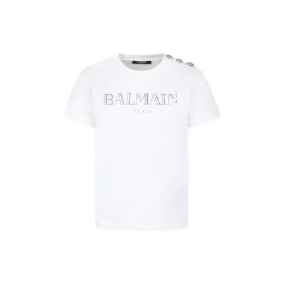 Balmain Kids' White T-shirt With Silver Buttons And Logo In Ag