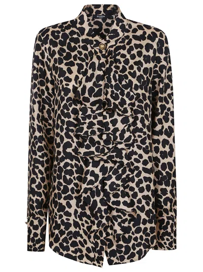 BALMAIN JABOT COLLAR LEOPARD PRINT SHIRT