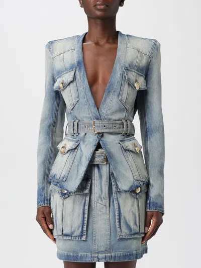 Balmain Stonewashed Cotton Denim Blazer In Blue